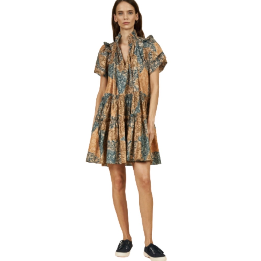 NWOT Hunter Bell Merritt Shift Dress Womens Large Blue Tan Short Sleeve V-Neck - Picture 13 of 13